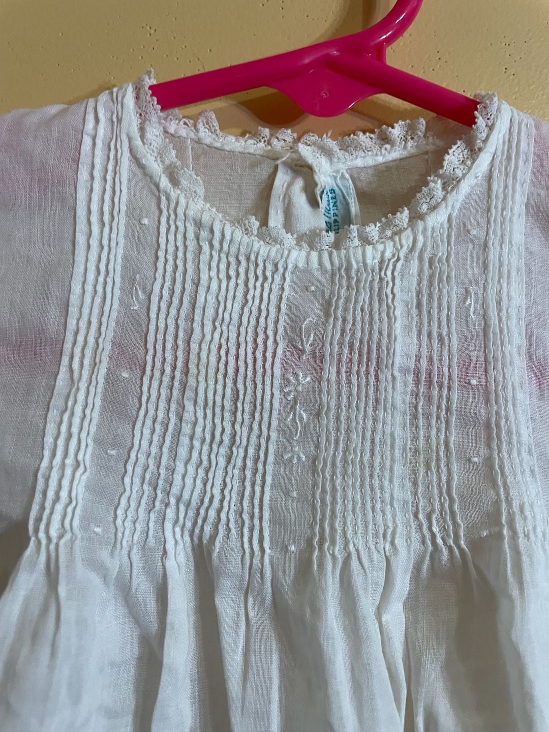Vintage White Cotton Embroidered Pintuck Puff Sleeve Baby Dress 4