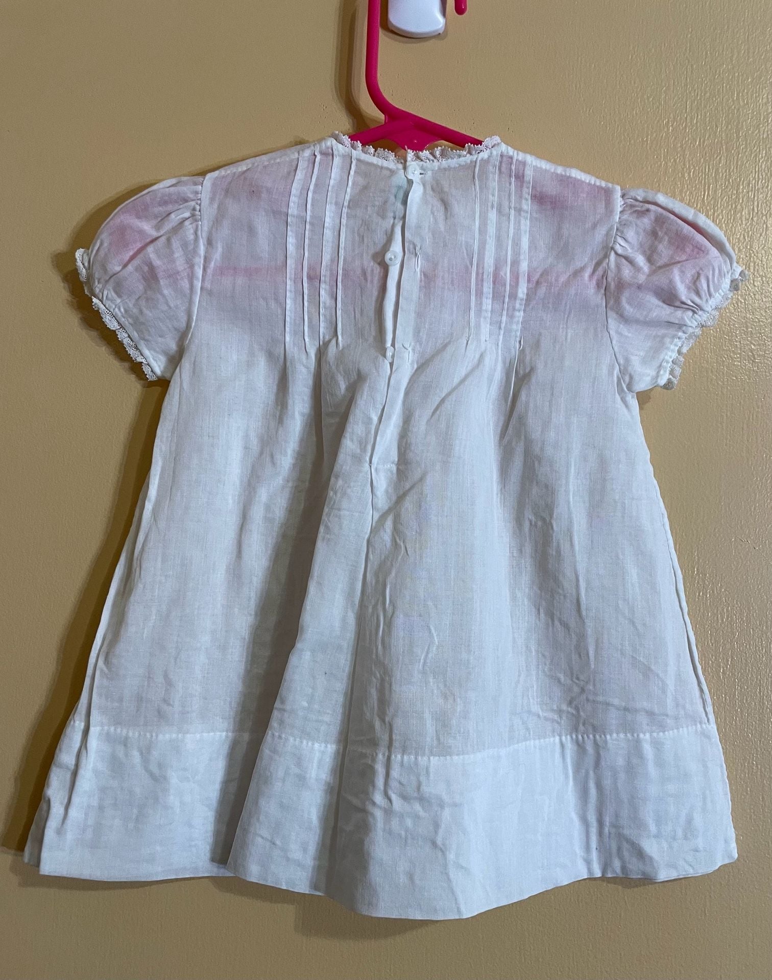 Vintage White Cotton Embroidered Pintuck Puff Sleeve Baby Dress 5