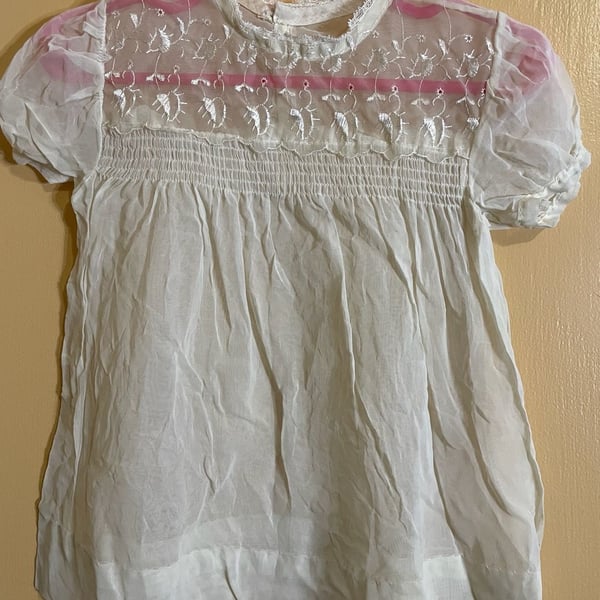 Vintage White Smocked Embroidered Baby Dress with Puff Sleeves