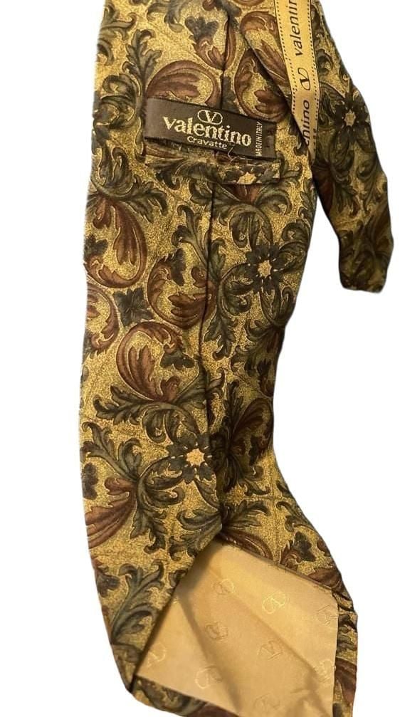 Valentino Cravatte Silk Tie Gold Brown Baroque Scroll Print Necktie Italy 1