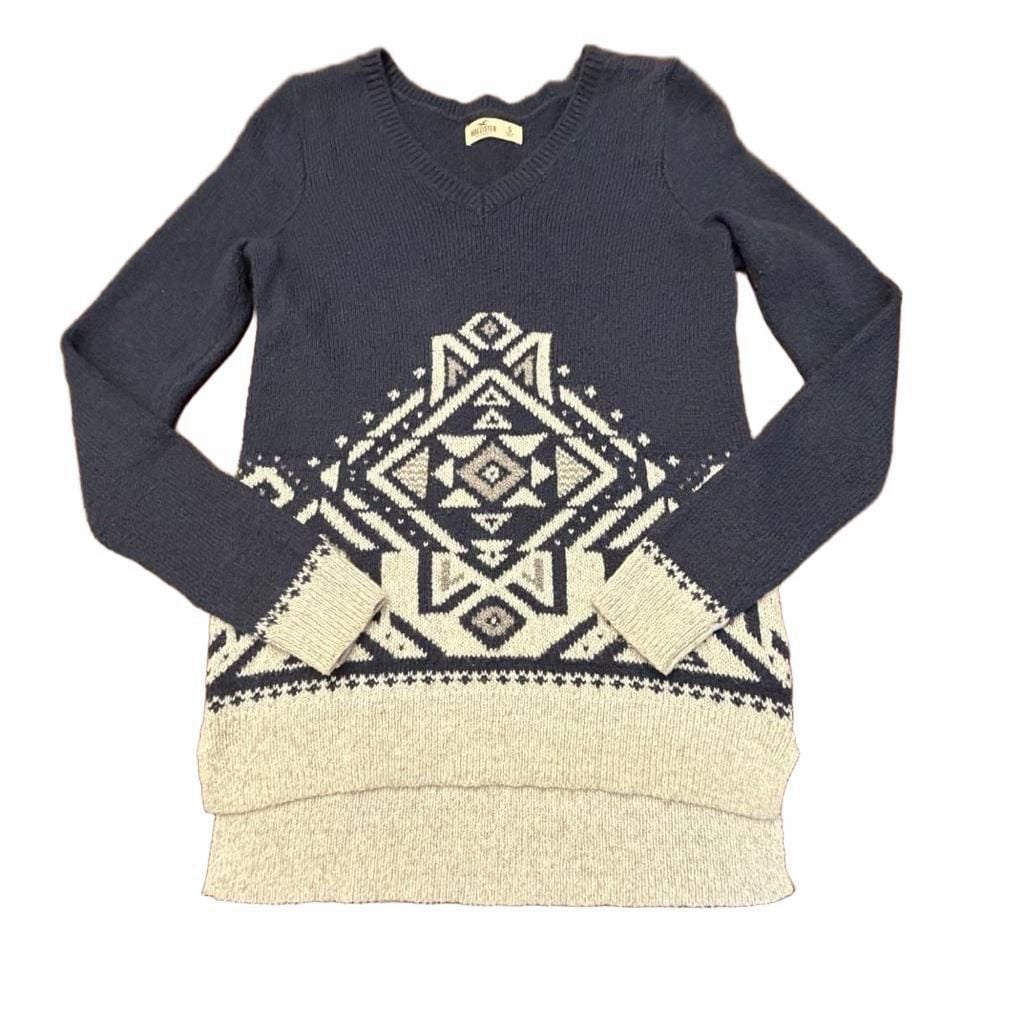 Hollister Womens S Navy Blue Aztec V Neck Knit Sweater Y2K Boho 2