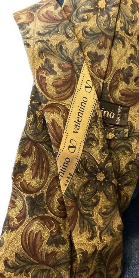 Valentino Cravatte Silk Tie Gold Brown Baroque Scroll Print Necktie Italy 3