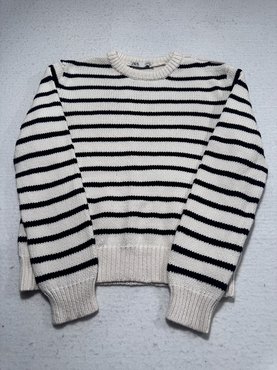 Zara Striped Knit Sweater Size Small Cream Navy 2