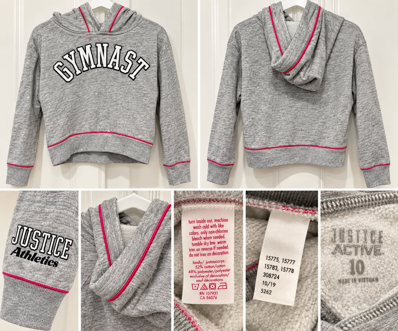 Justice Active Girls Gymnast Hoodie – Size 10 – Gray & Pink 8