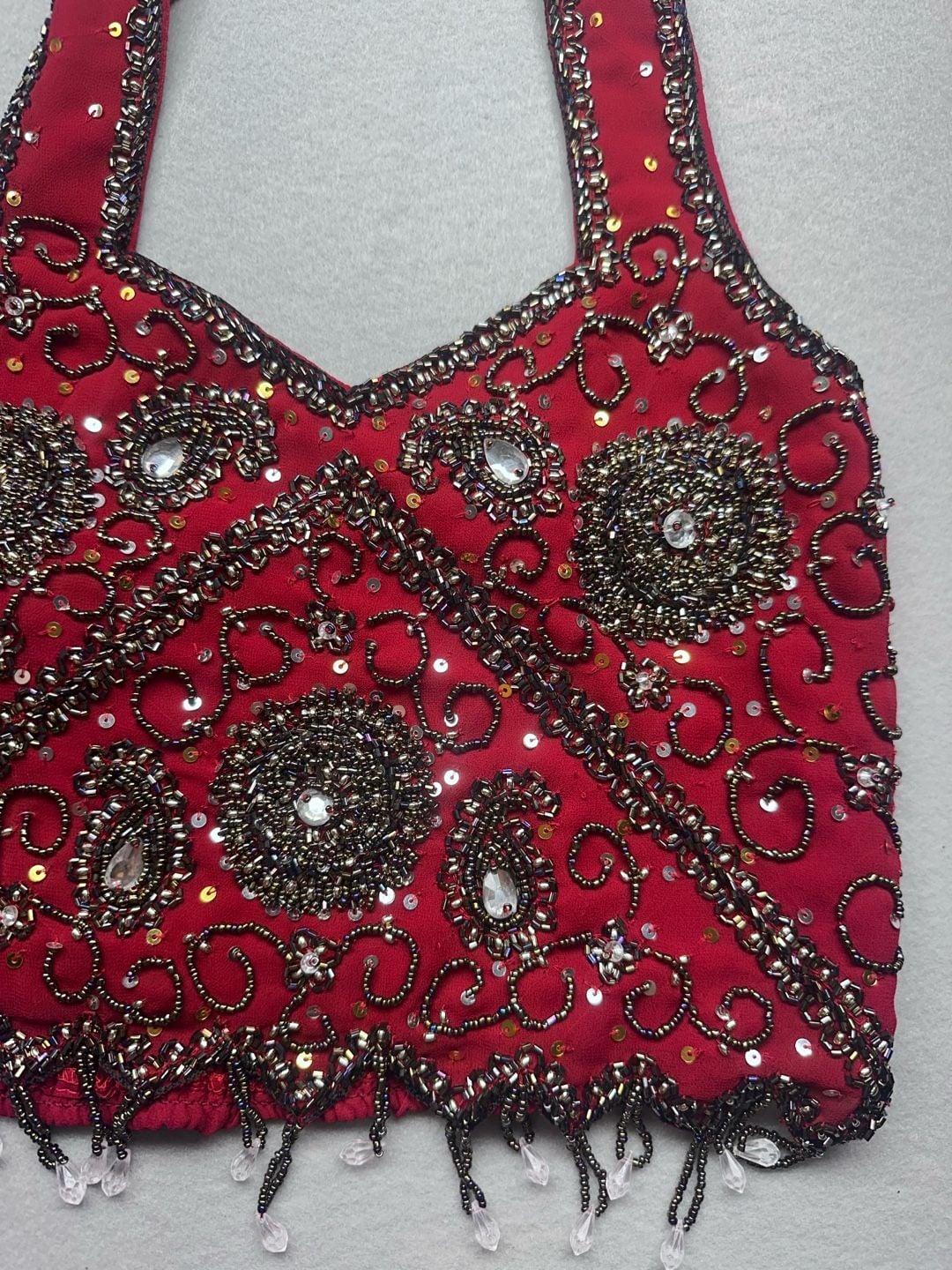 Childrens Red Beaded Lehenga Choli Blouse and Skirt Set with Dupatta 5
