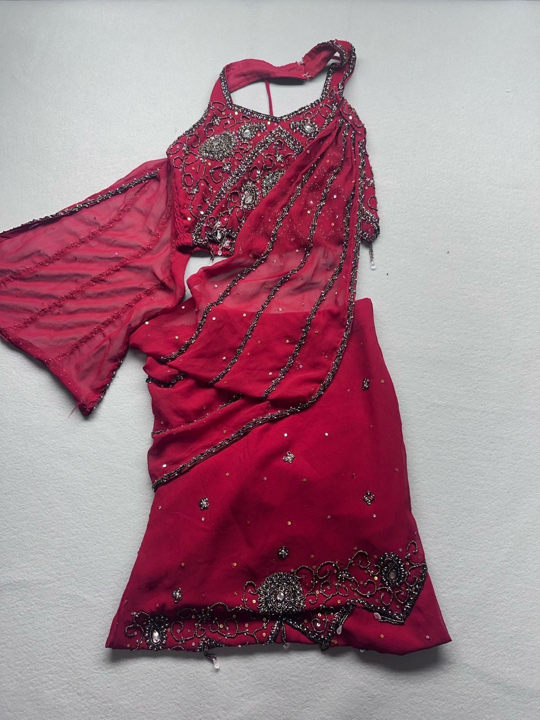 Childrens Red Beaded Lehenga Choli Blouse and Skirt Set with Dupatta 1