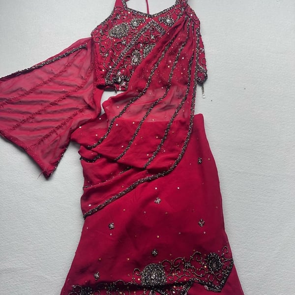 Childrens Red Beaded Lehenga Choli Blouse and Skirt Set with Dupatta