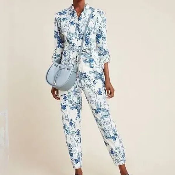 Anthropologie Lucienne Belted Jumpsuit Size 6 Western boho Blue Floral
