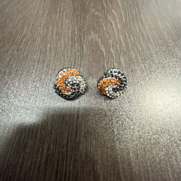 Monet Orange and Black Crystal Clip Earrings Gunmetal Tone Swirl
