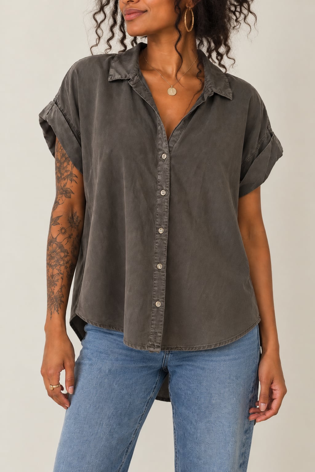 Thread + Supply Short Sleeve Button Down Shirt Gray Denim Blouse Top, Size S 2
