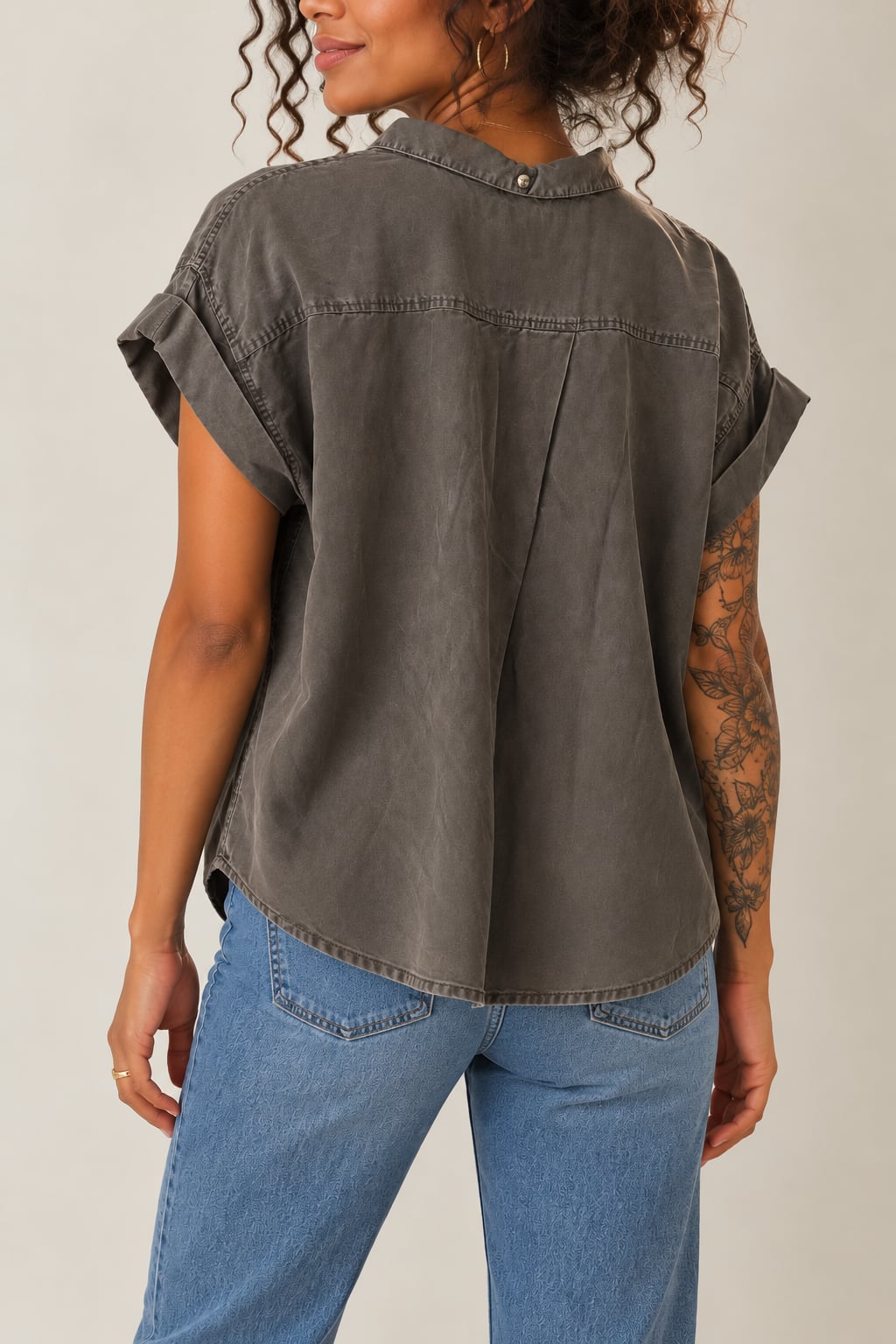 Thread + Supply Short Sleeve Button Down Shirt Gray Denim Blouse Top, Size S 3