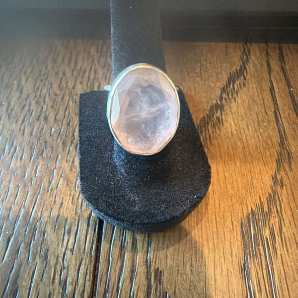 Rose Quartz Gemstone Ring Sterling Silver Oval Faceted Statement Ring