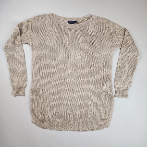 Polo Ralph Lauren Wmns Beige Linen Open Knit Boatneck Long Sleeve Sweater Large