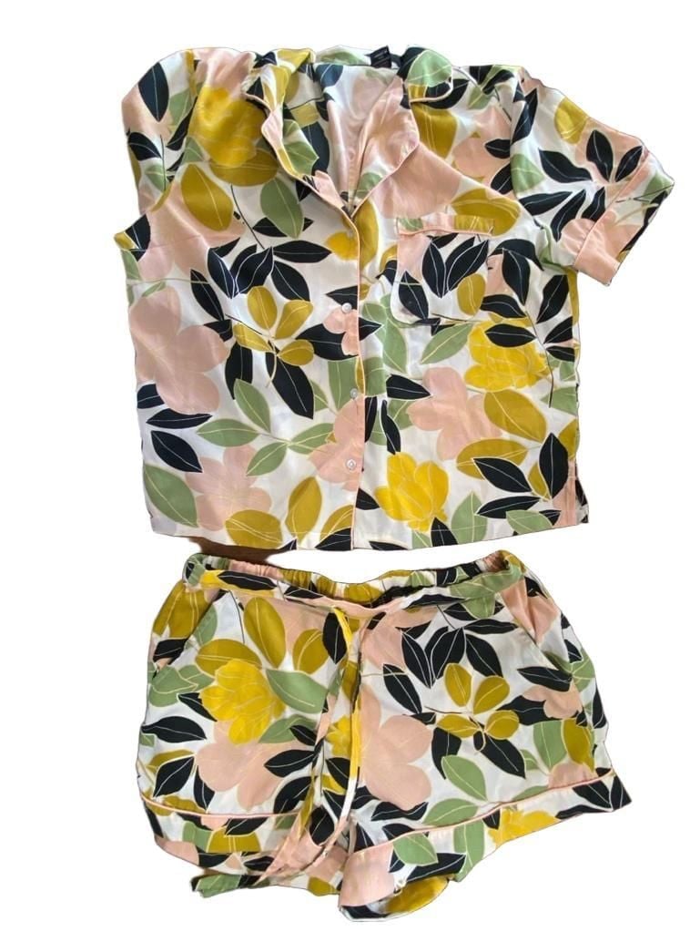 Rachel Zoe Floral Leaf Pajama Set Size M Button Down Shorts 1