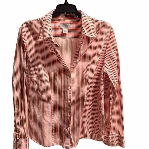 Ann Taylor Loft Striped Button Down Shirt Size 14 Red White Black Cotton