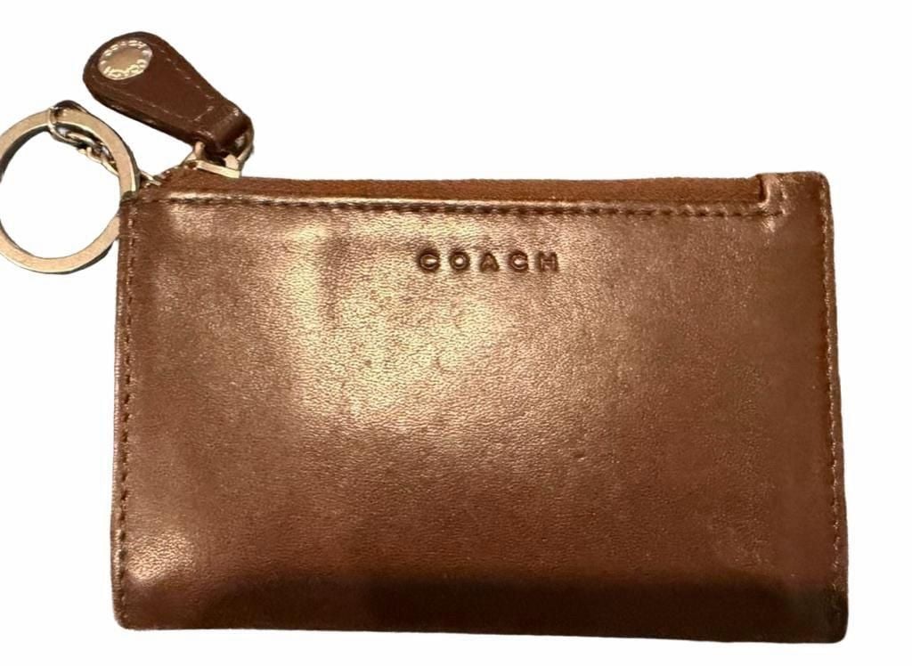 Coach Brown Leather Zip Card Case Wallet with Keychain 3