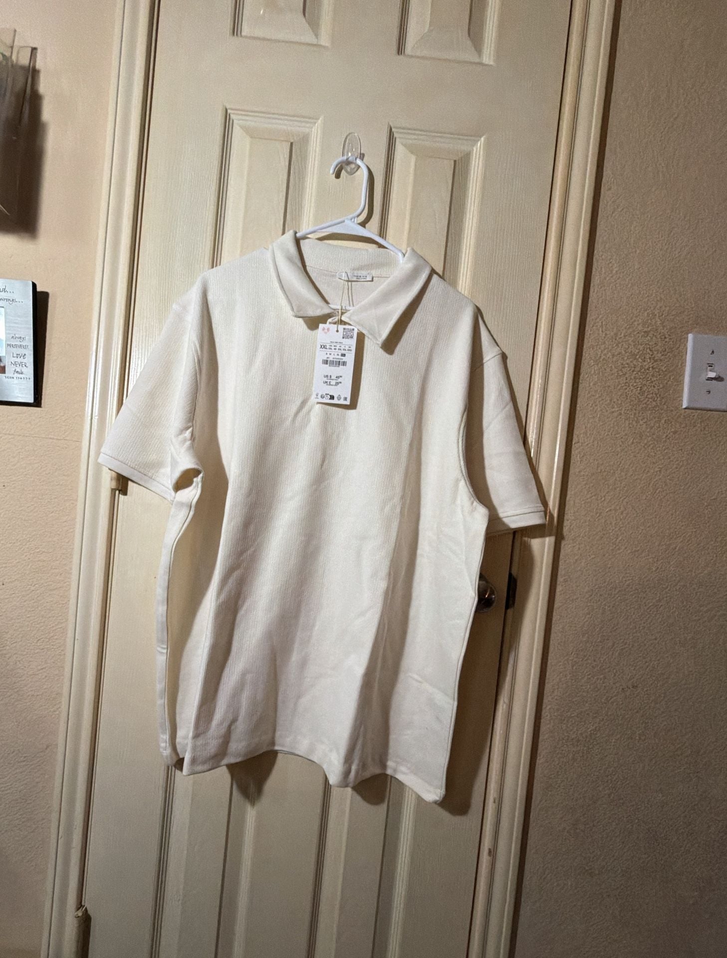 Zara Textured Short Sleeve Polo Shirt White XXL 2