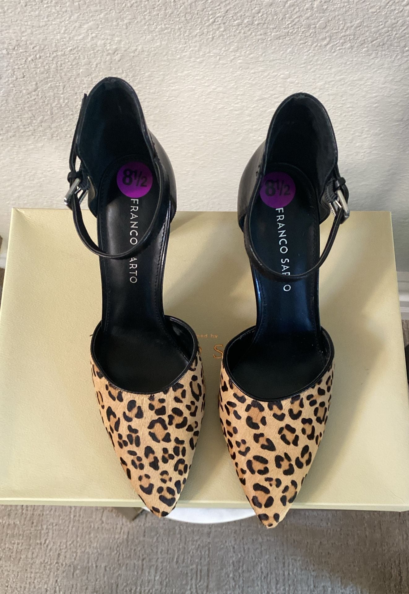 Franco Sarto Ankle Strap Heels Size 8.5 Leopard Calf Hair Leather 6