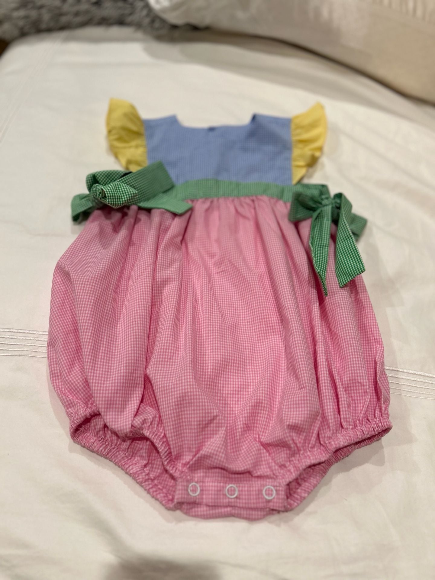 Remember Nguyen Baby Girl Bubble Romper Size 3T Pink Gingham Blue Yellow 2