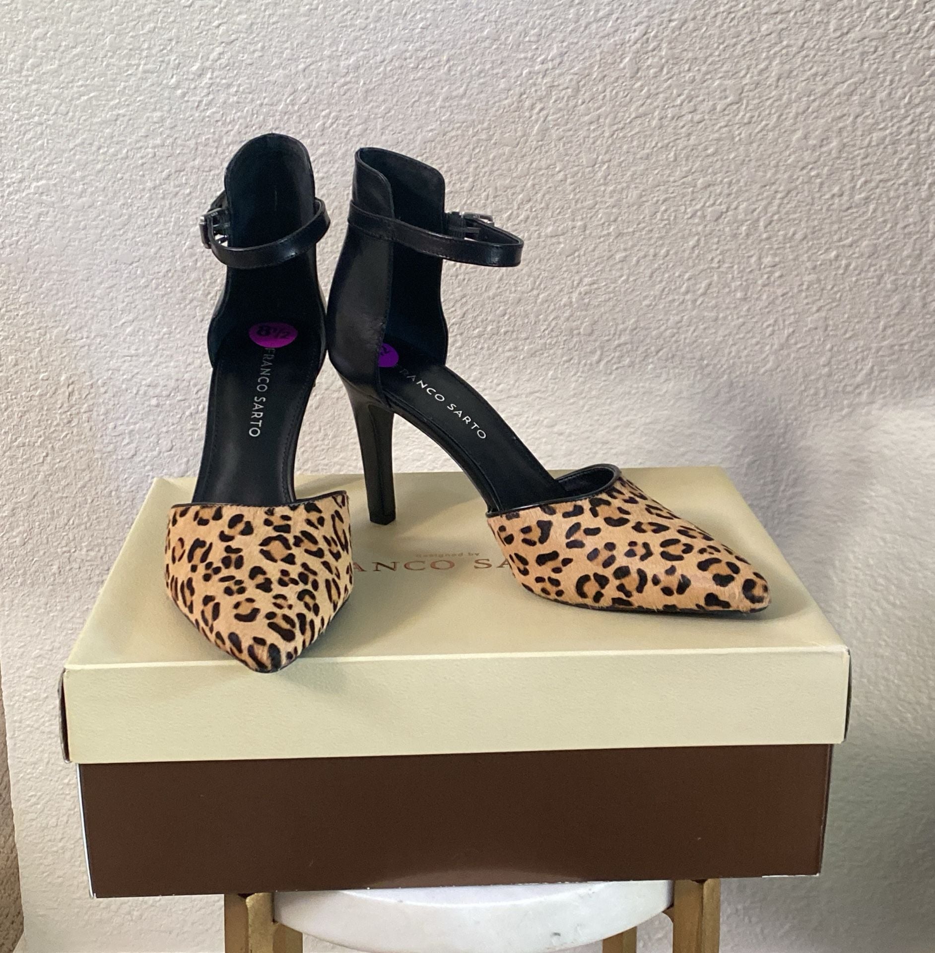 Franco Sarto Ankle Strap Heels Size 8.5 Leopard Calf Hair Leather 2