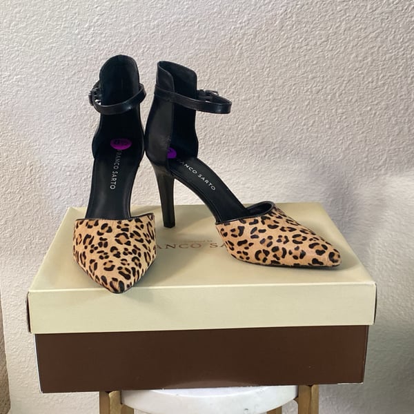 Franco Sarto Ankle Strap Heels Size 8.5 Leopard Calf Hair Leather