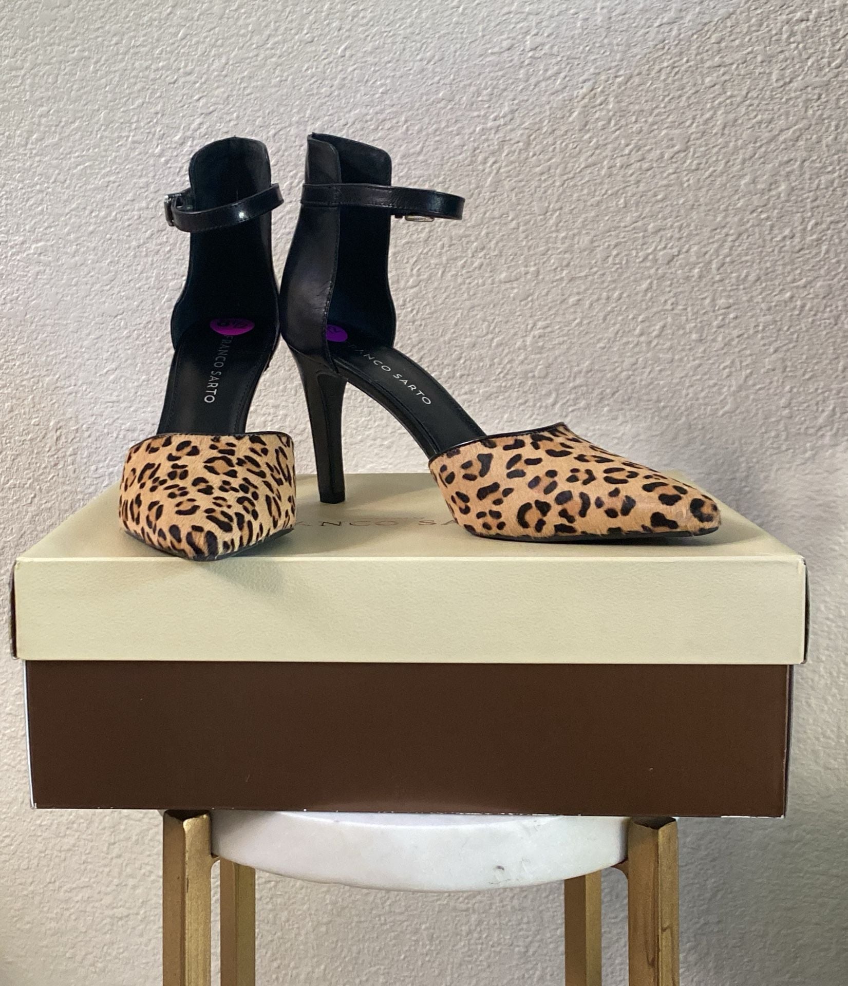 Franco Sarto Ankle Strap Heels Size 8.5 Leopard Calf Hair Leather 3