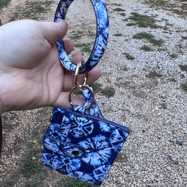 Blue Tie Dye Wristlet Keychain Wallet with Tassel