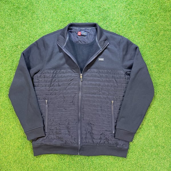Chaps Navy Full Zip Fleece Jacket with Quilted Panel and Side Pockets