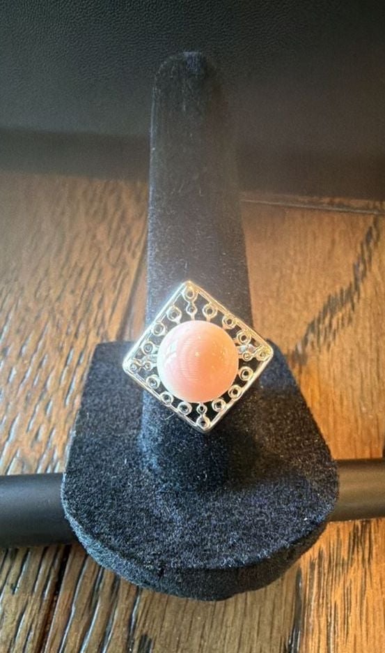 Vintage Pink Coral Stone Ring with Silver Filigree Setting 2