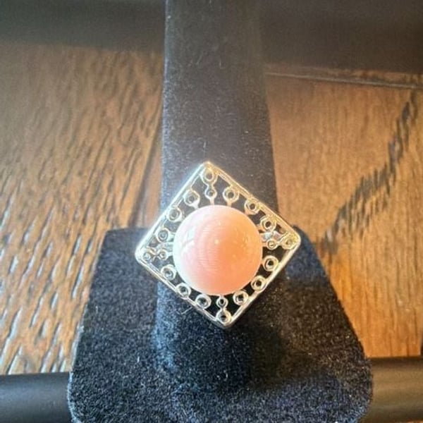 Vintage Pink Coral Stone Ring with Silver Filigree Setting
