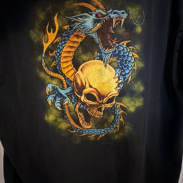 M&O Knits Dragon Skull Graphic T-Shirt X-Large Black Heavyweight