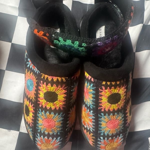 Bamboo Crochet Platform Clog Black Colorful Floral