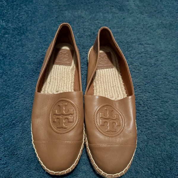 Tory Burch Ines Espadrille Tan Leather Slip On Flats