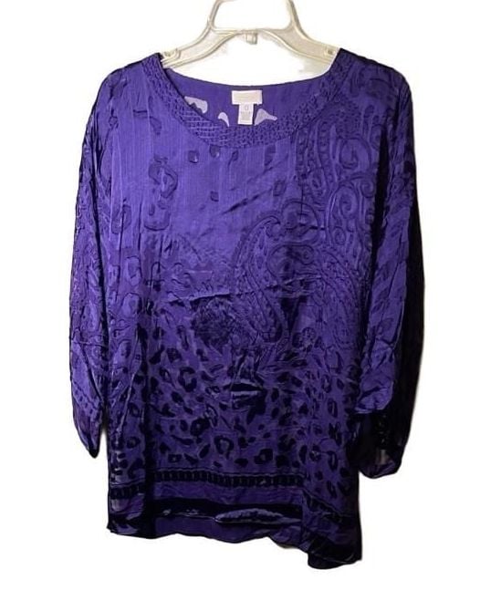 Chicos Purple Silk Blend Paisley Devore Burnout Tunic Blouse Top Womens Size 0 2