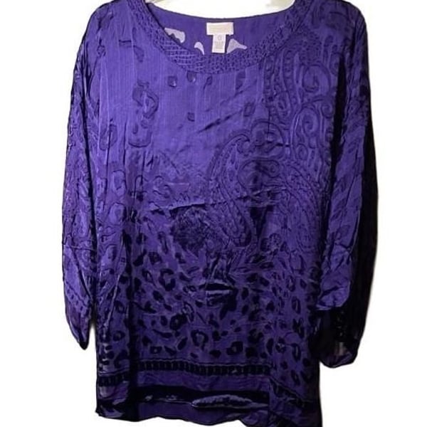 Chicos Purple Silk Blend Paisley Devore Burnout Tunic Blouse Top Womens Size 0