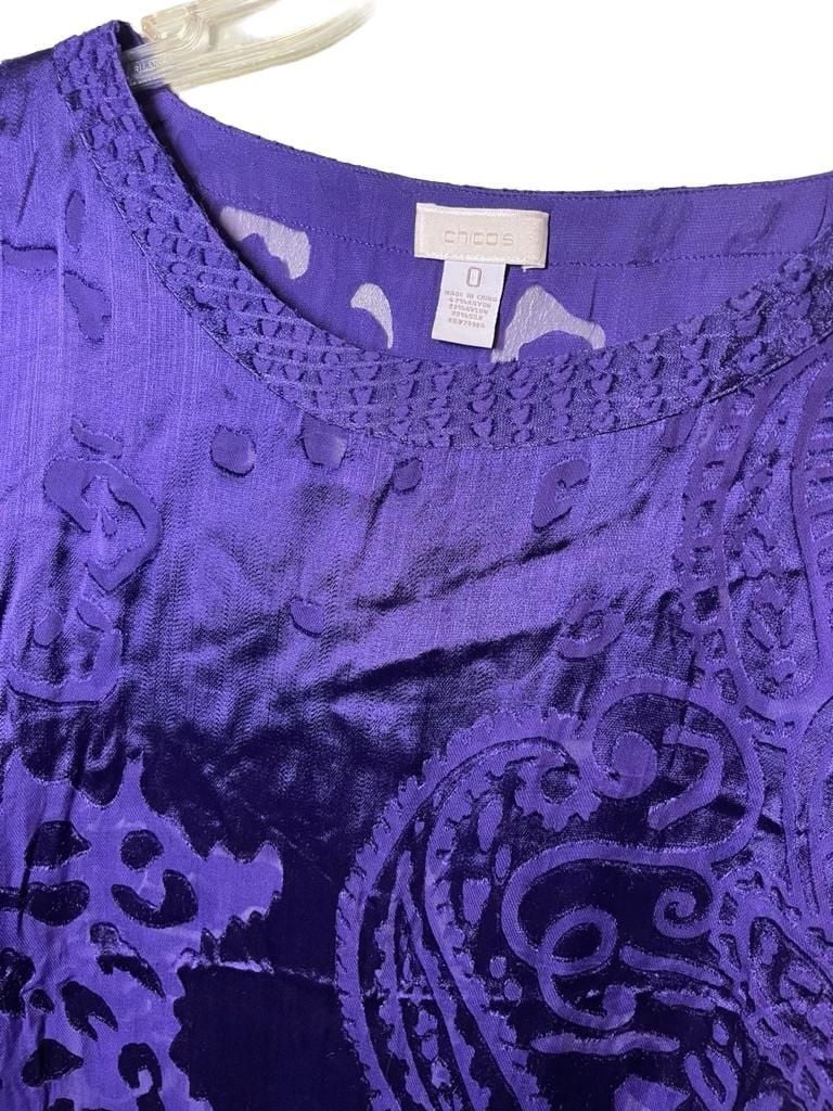 Chicos Purple Silk Blend Paisley Devore Burnout Tunic Blouse Top Womens Size 0 4