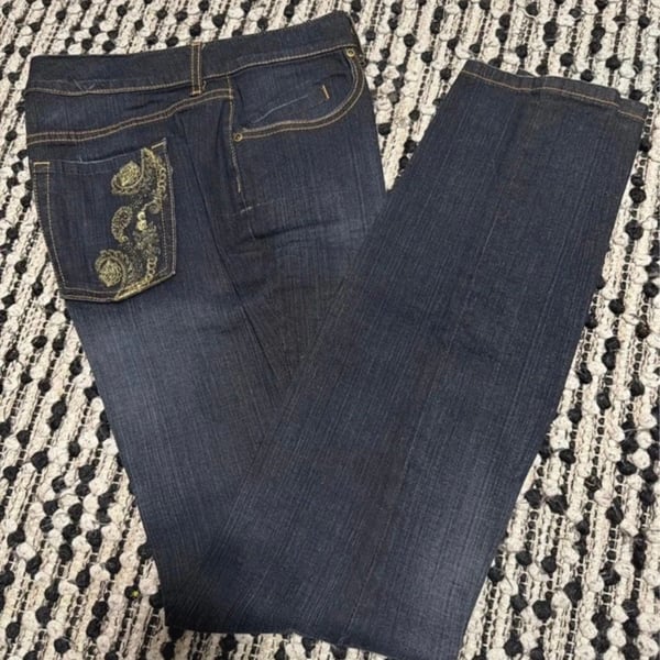 Chicos Womens Platinum Slim Jeans Blue Stretch Embroidered High Rise Pockets 1