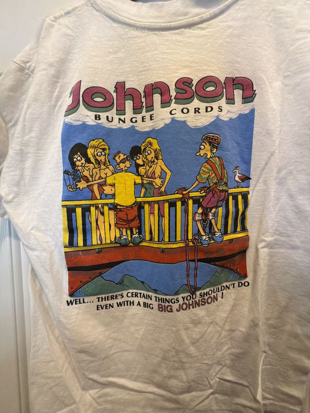 Johnson Bungee Cords T-Shirt Size L White Graphic Print 90s Novelty Humor Tee 2