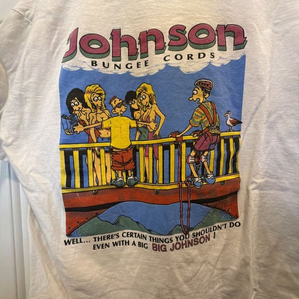 Johnson Bungee Cords T-Shirt Size L White Graphic Print 90s Novelty Humor Tee