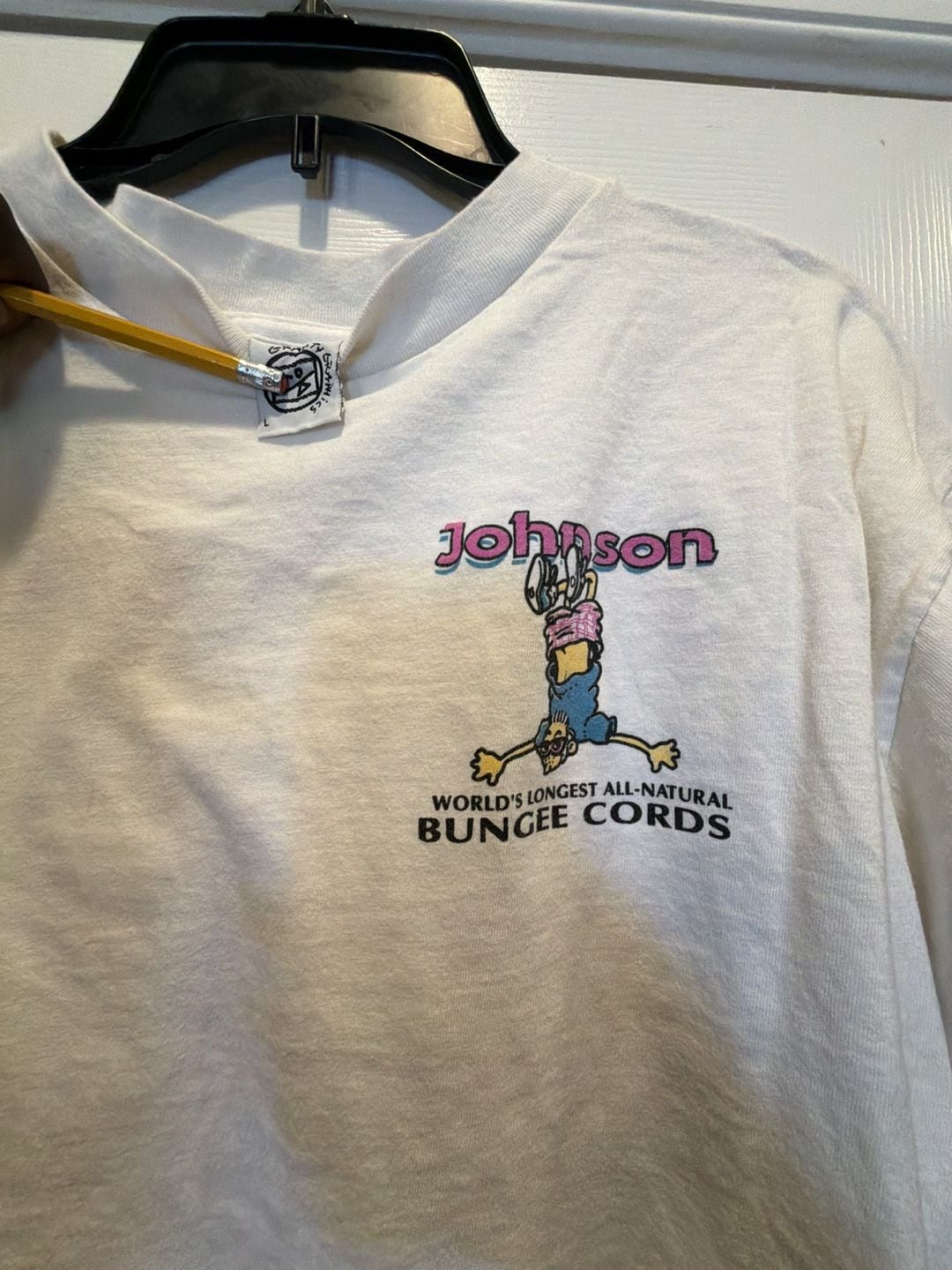 Johnson Bungee Cords T-Shirt Size L White Graphic Print 90s Novelty Humor Tee 3
