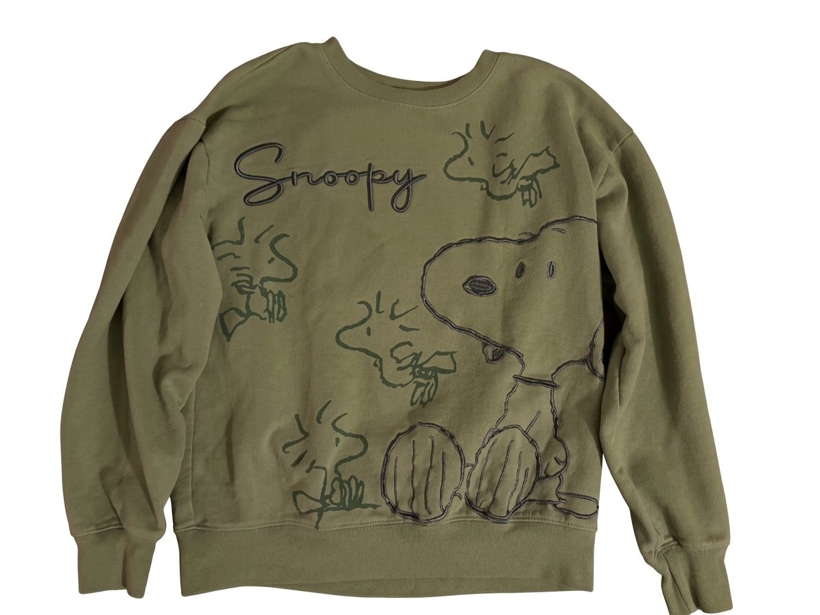 Peanuts Snoopy Graphic Crewneck Sweatshirt Size S Olive Green 2