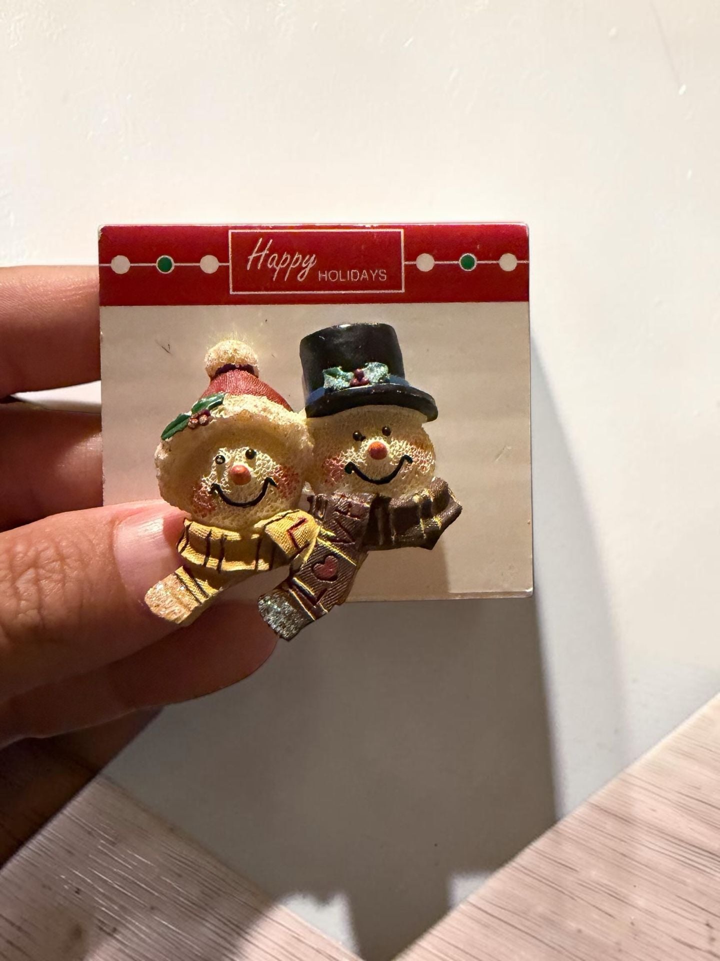 Vintage Mr. and Mrs. Snowmen Figurine Brooch Pin Happy Holidays 2