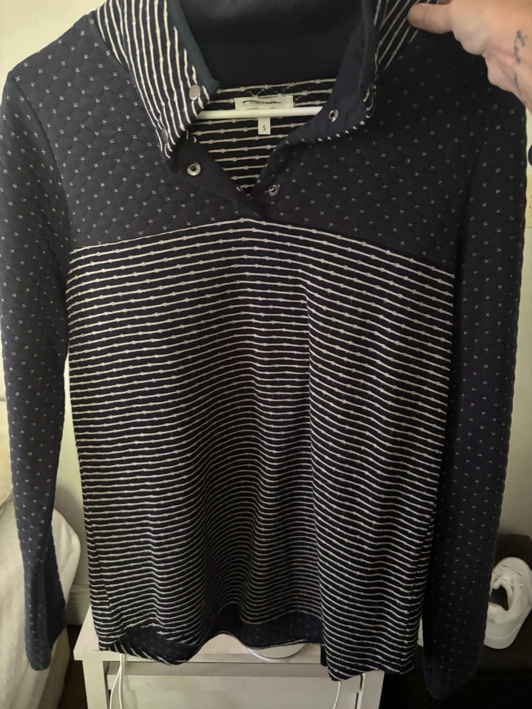 Maurices Quilted Snap Neck Pullover Size S Navy Stripe 1