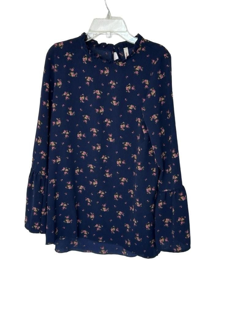 Orange Creek boho navy floral long sleeved blouse with ruffle collar and hem. 2