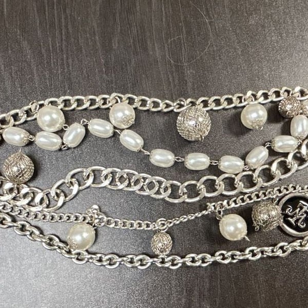Silver Tone Multi-Chain Pearl and Bead Waist Belt