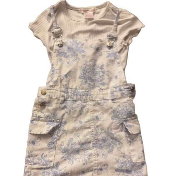 Emma & Ella Denim Overall Dress & Tee Set Blue White Floral