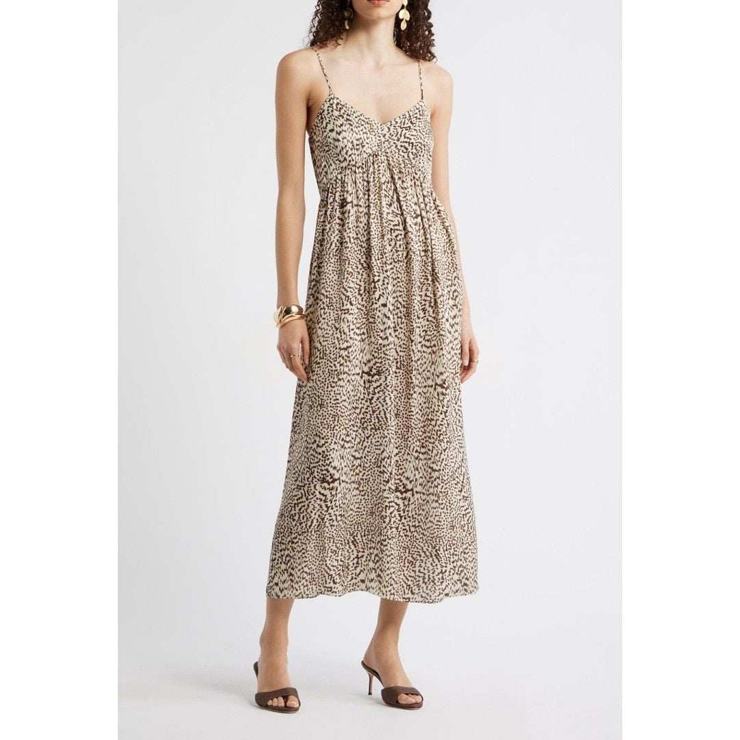 Leopard Print Midi Dress with Gathered Bodice and Thin Straps 2