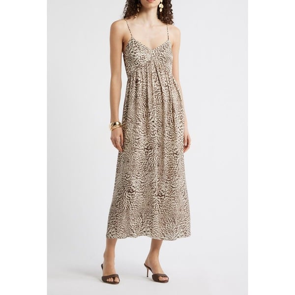 Leopard Print Midi Dress with Gathered Bodice and Thin Straps