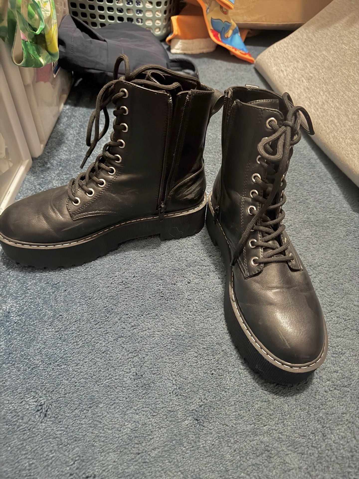 Combat Boots Size US 8.5 Black Chunky Heel 4