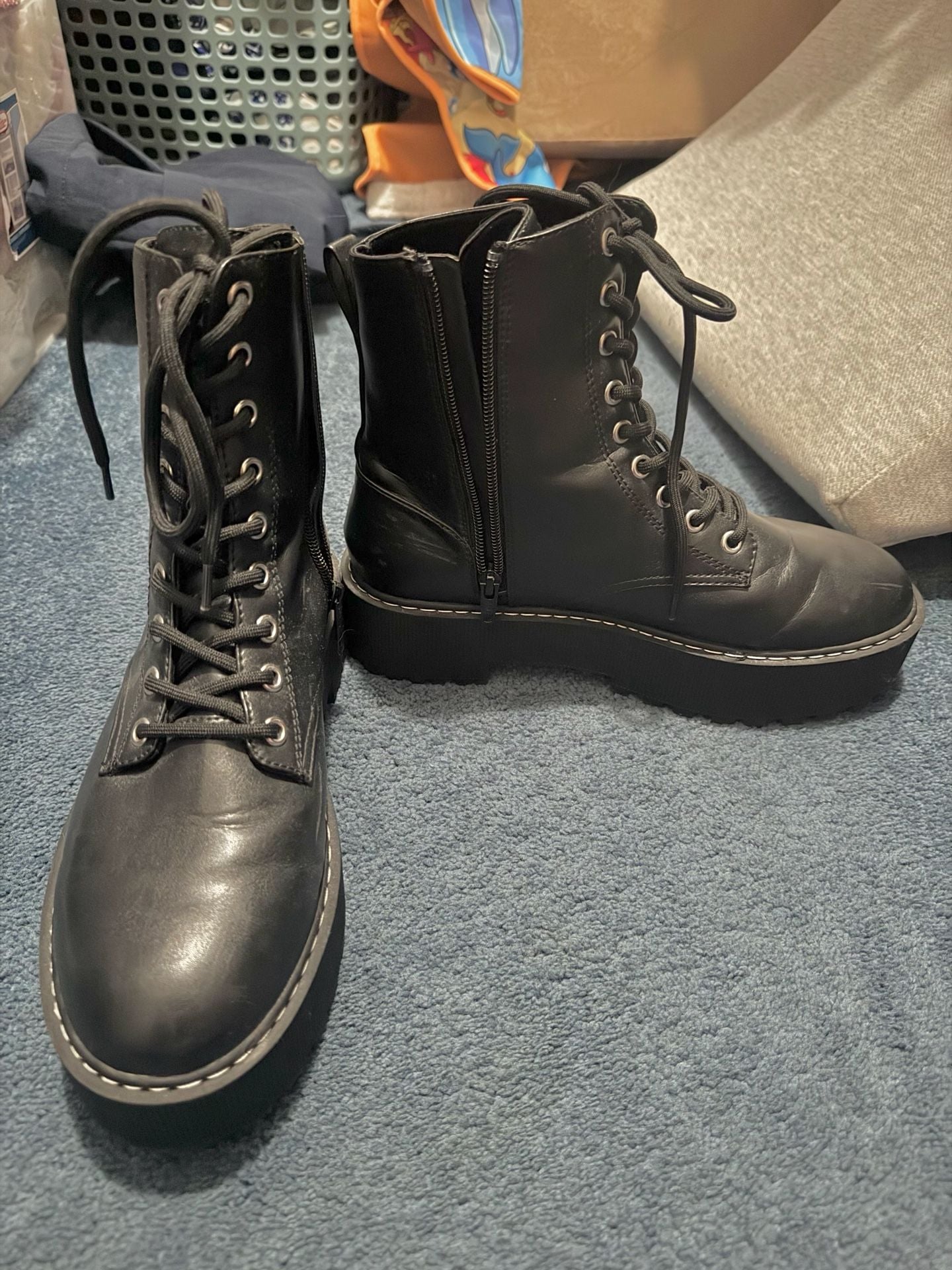Combat Boots Size US 8.5 Black Chunky Heel 5